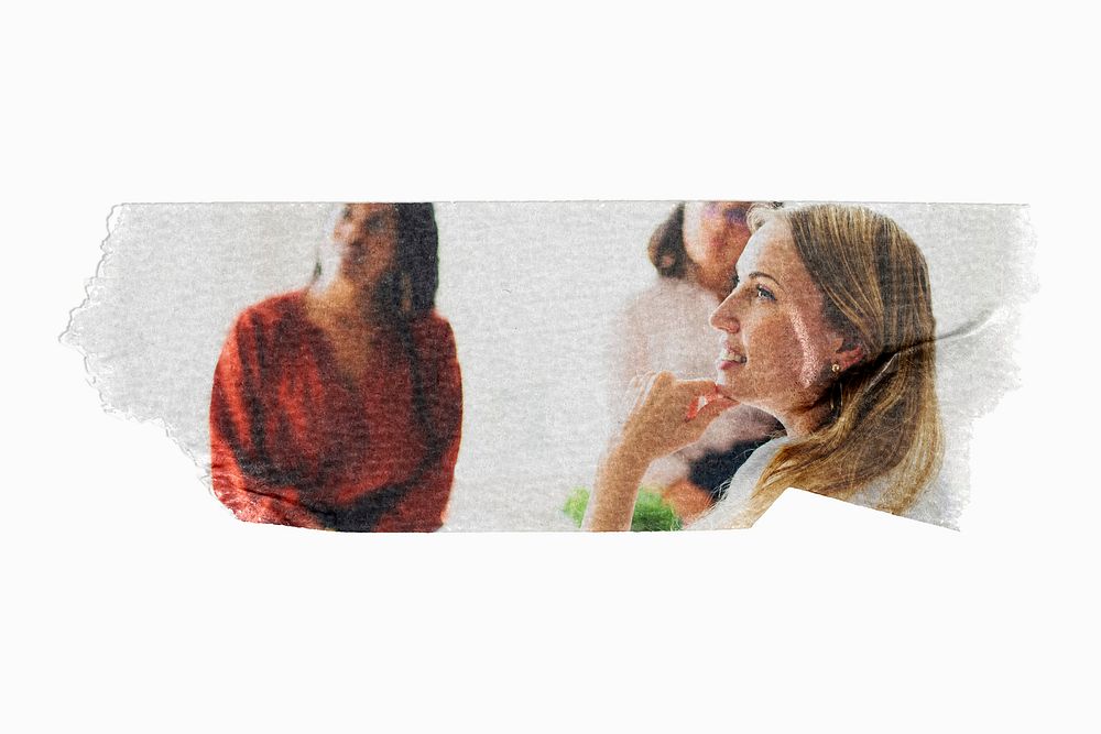Businesswoman smiling in meeting, ripped washi tape, business image