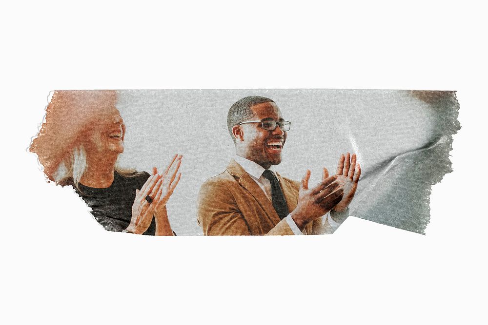 Black businessman clapping, ripped washi tape, success image