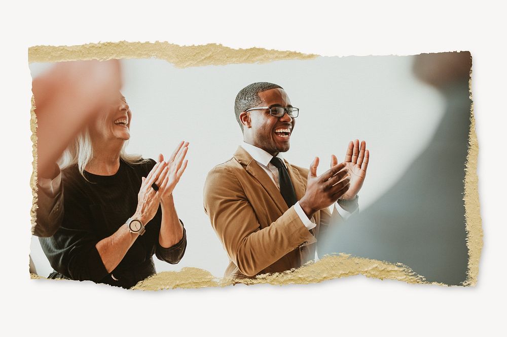 Black businessman clapping, ripped paper, success image
