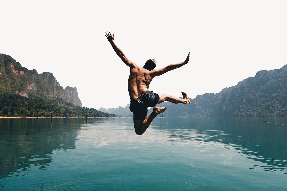 Man jumping with joy by a lake collage element psd