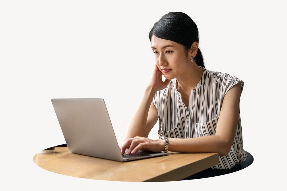 Woman working on laptop photo on white background