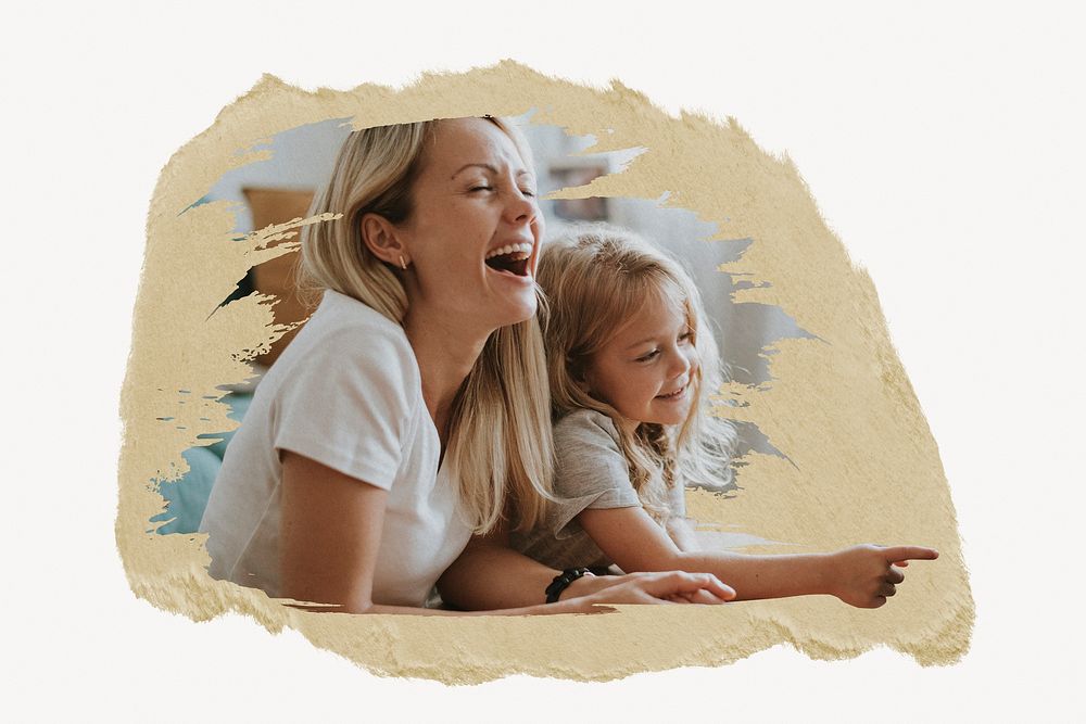 Mother laughing with daughter, ripped paper collage element