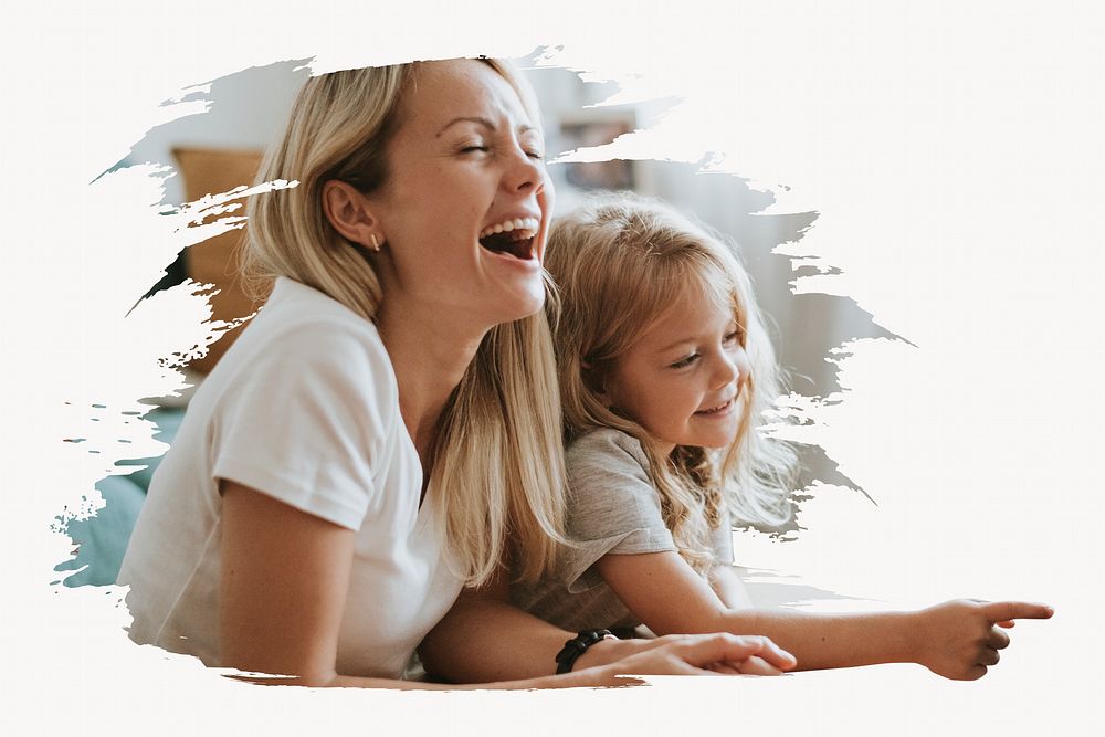 Mother laughing with daughter photo on white background