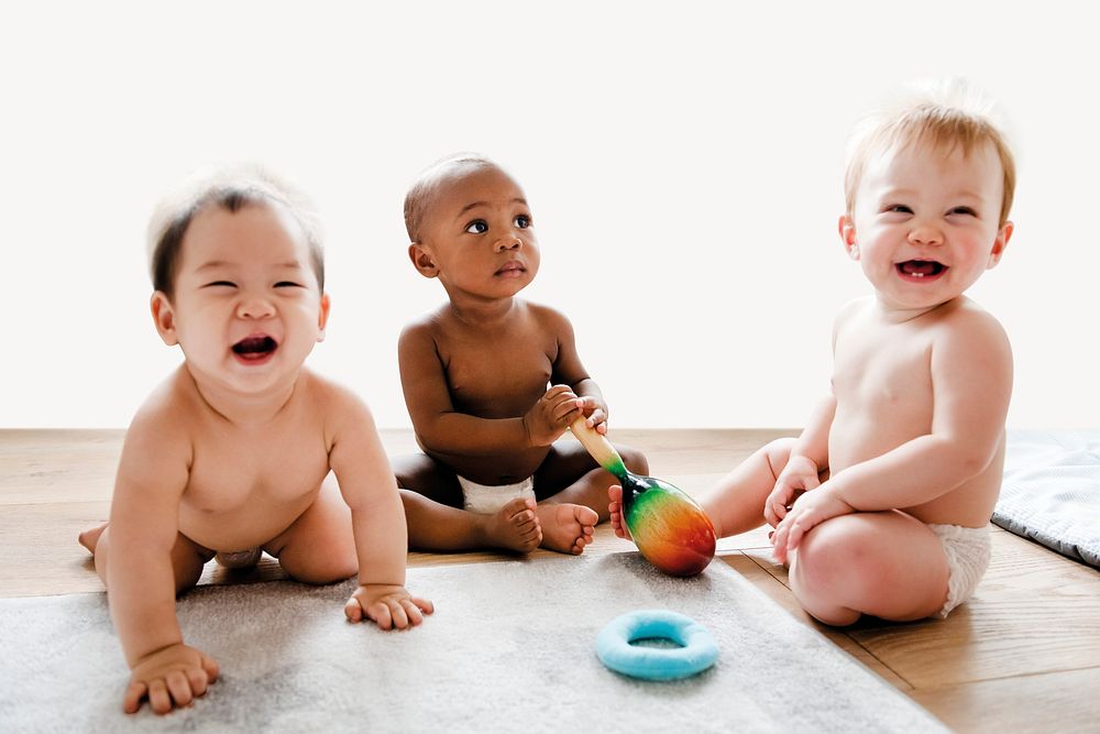 Babies playing together in a play room collage element psd