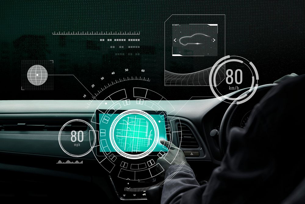 Advanced technology screen mockup with speedometer in a smart car psd