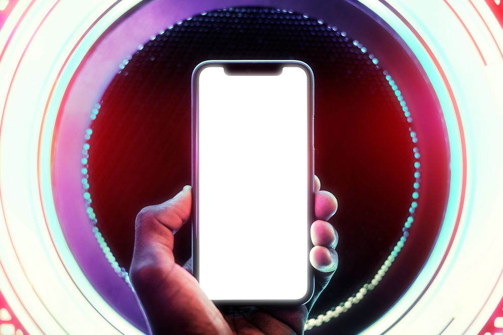 Smartphone screen in a circle of neon lights