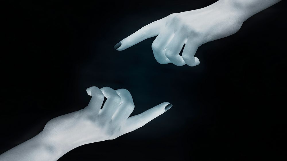Artificial intelligence hands connecting on black background 