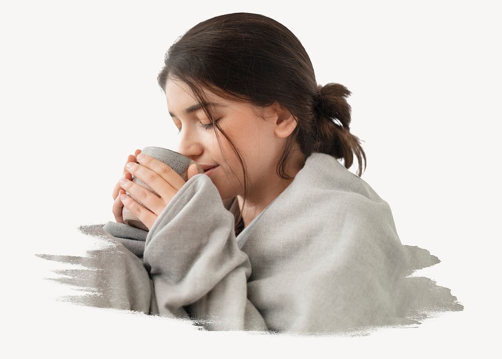 Cozy woman drinking hot tea photo on white background