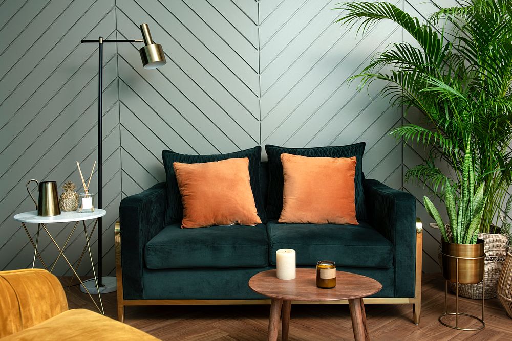Retro jungle green living room with sofa interior design