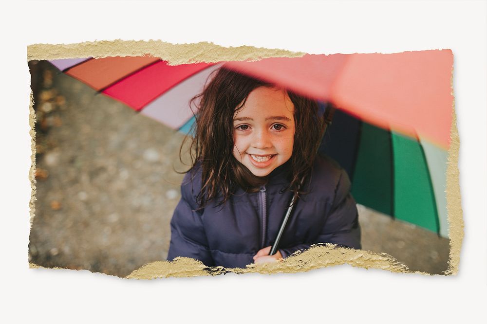 Little girl holding an umbrella, ripped paper, rainy season image