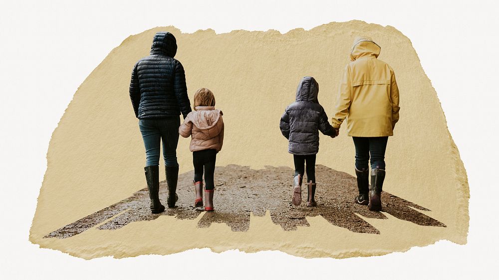 Family walking kids, ripped paper collage element