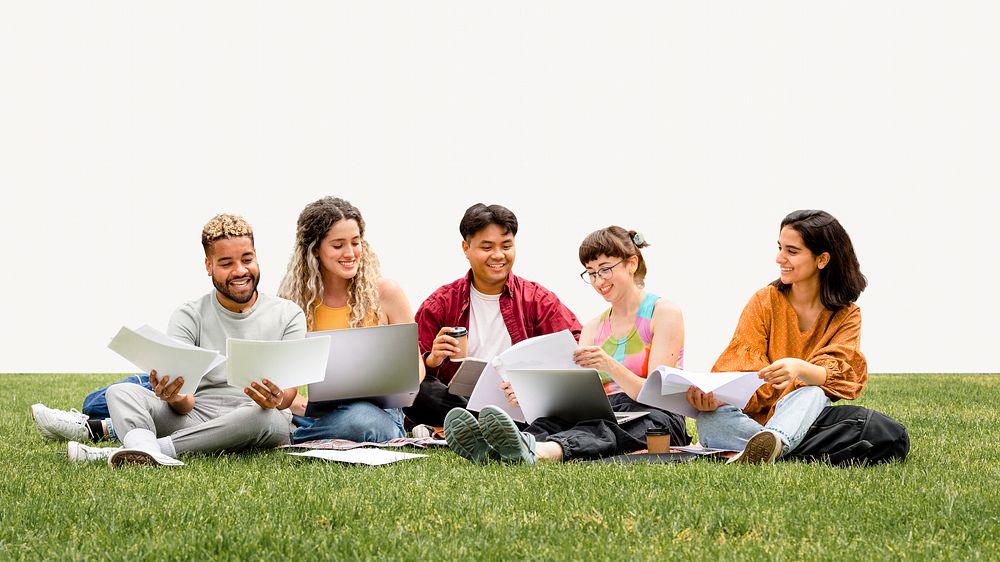 College students doing group project photo on white background