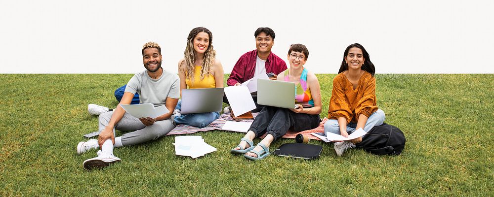College students working together in the park image element
