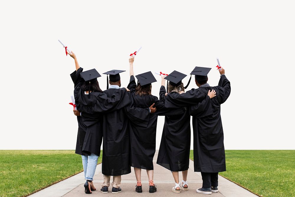University students in graduation gowns collage element psd
