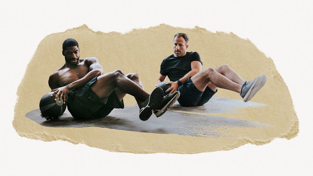 Men exercising, ripped paper collage element