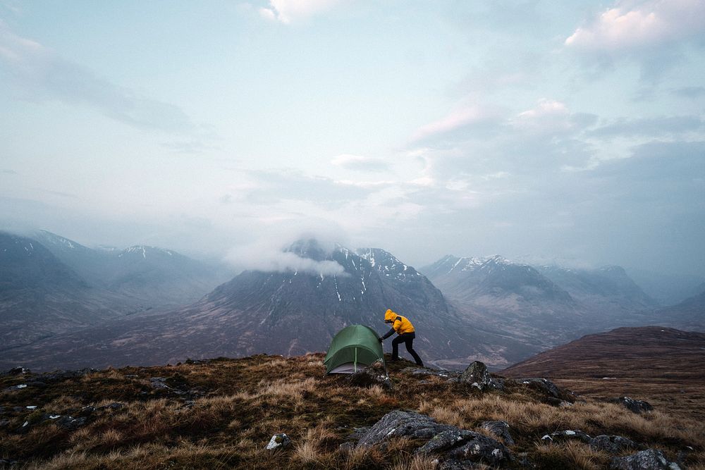 Camping at a misty Glen Coe in Scotland