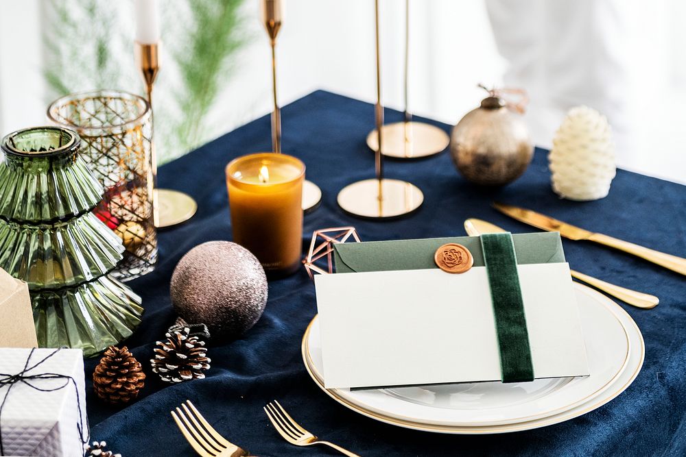 Closeup of a Christmas dining table setting