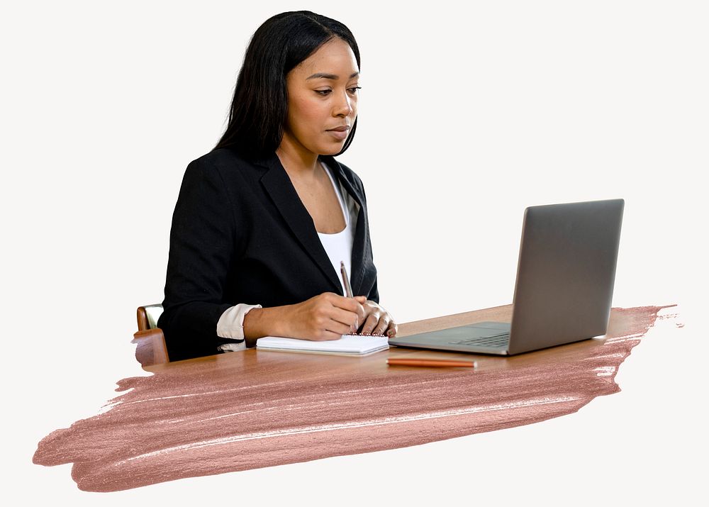 Businesswoman working on laptop photo on white background
