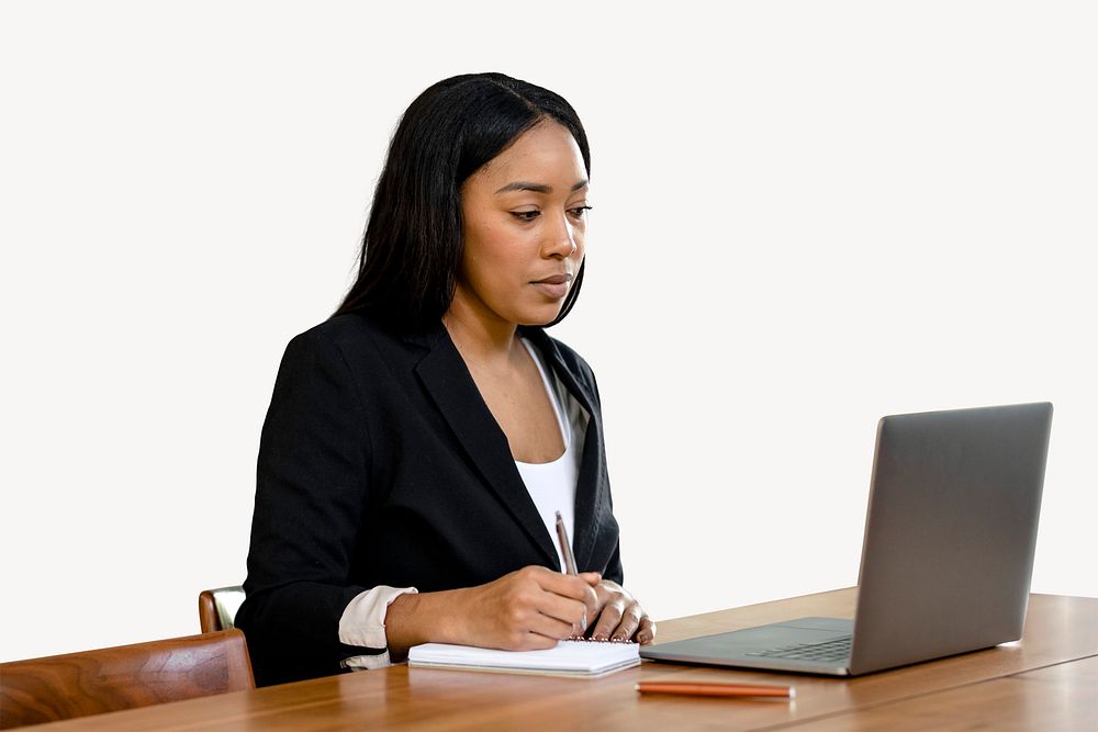 Businesswoman working on laptop photo on white background