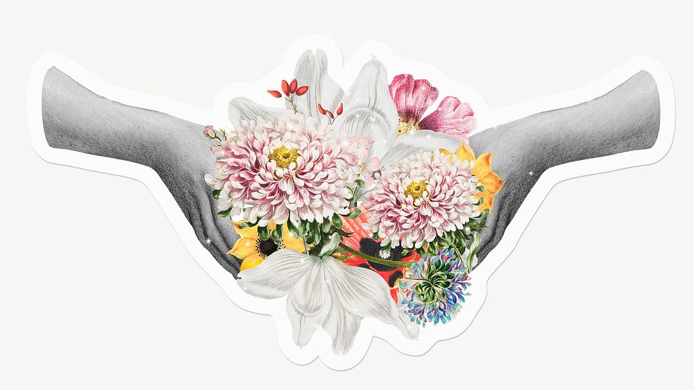 Hands holding colorful flowers, off white design