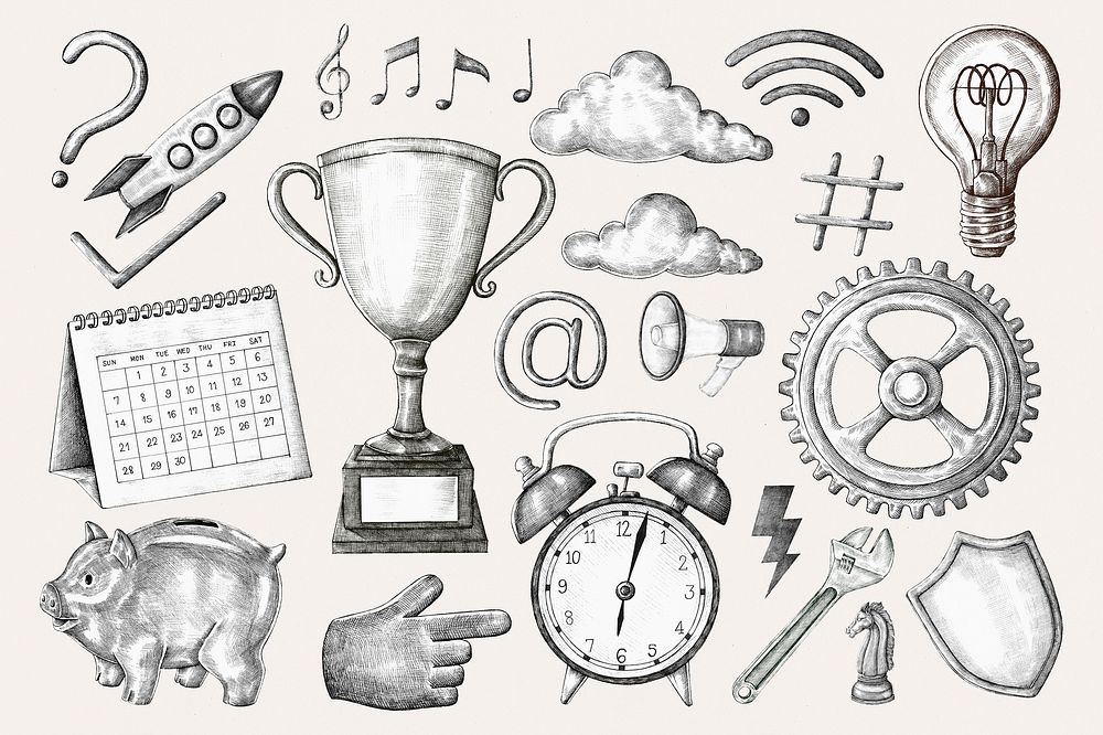Grayscale hand drawn cartoon icon collection