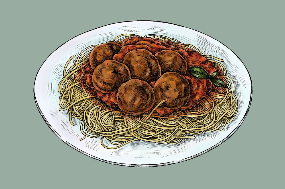 Spaghetti with meatballs drawing illustration