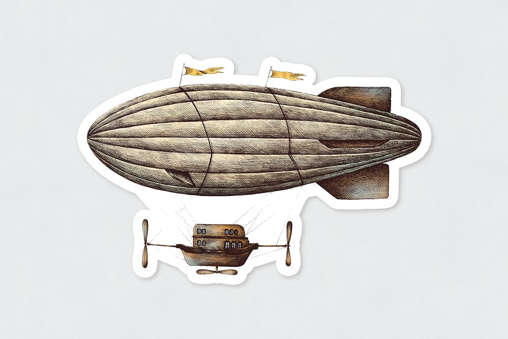 Hand drawn airship vintage style sticker with a white border