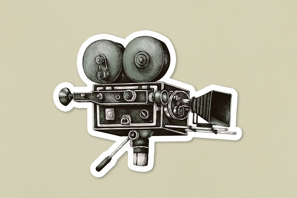 Hand drawn vintage movie camera sticker with a white border