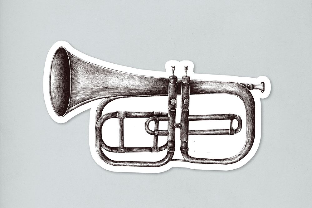 Hand drawn trumpet sticker on blue background