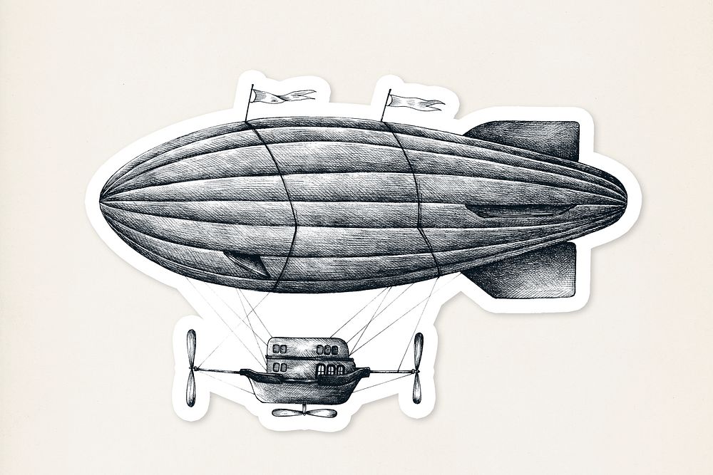 Hand drawn airship retro style sticker with a white border