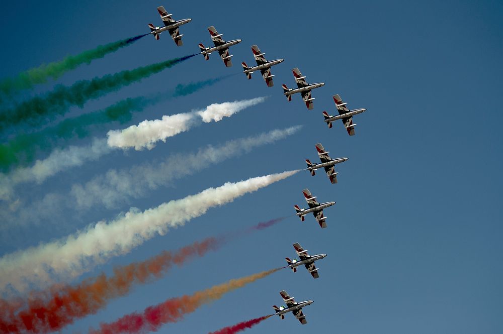 The Frecce Tricolori, the Italian Aeronatica Militare's aerobatic demonstration team, performs Nov. 10, 2015 at the 2015…