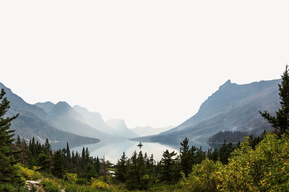 Pine forest lake border, side mountains image psd