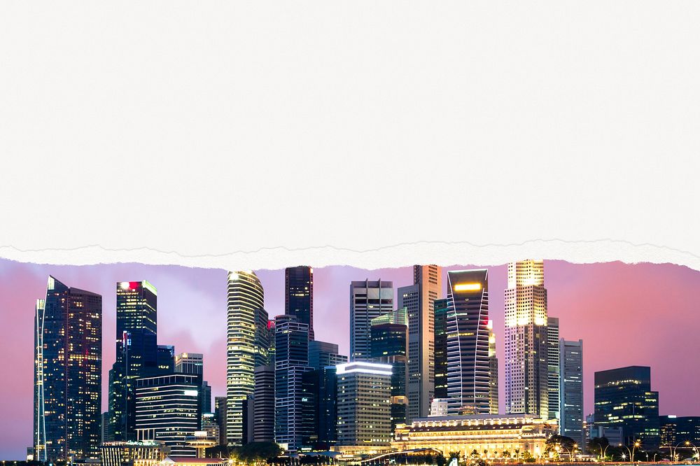 Skyline background Singapore sunset, torn paper effect