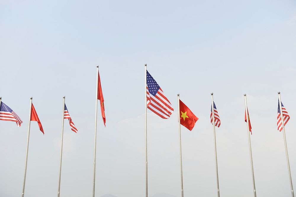 American flags and Vietnamese flags at the VIP Terminal of the airport in Hanoi, Vietnam, on November 11, 2017, as U.S>…