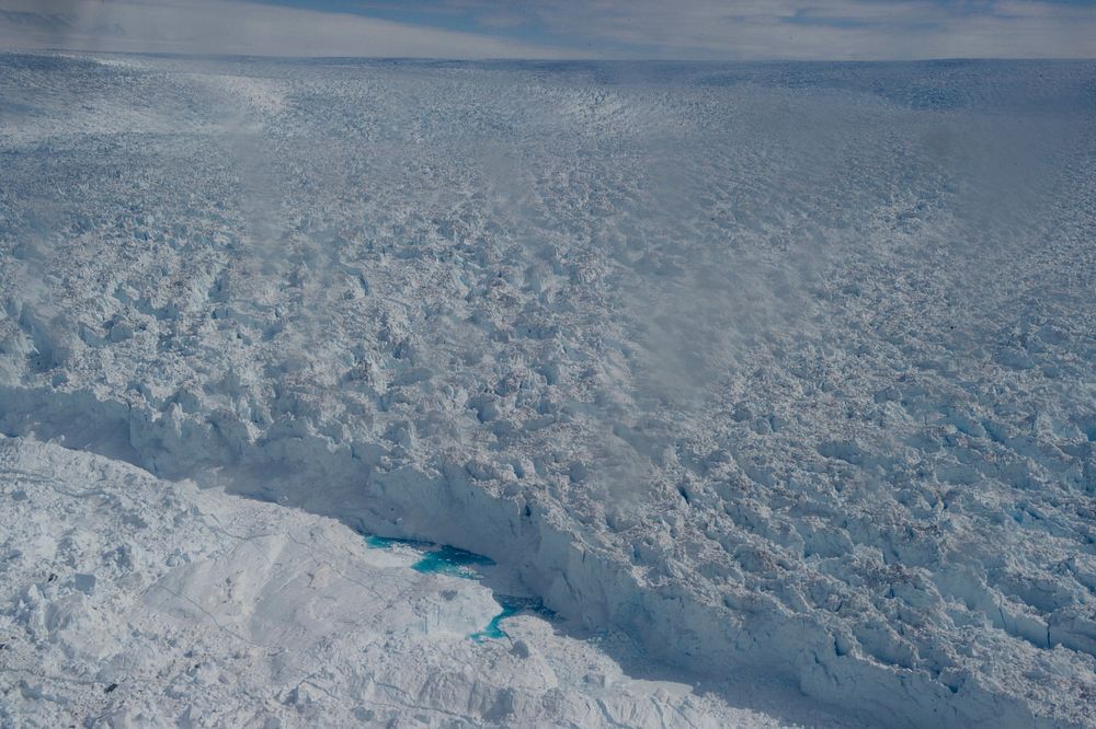 The ice pack on the Jacobshavn Glacier Front outside Ilulissat, Greenland, is seen at its breaking point from a plane…