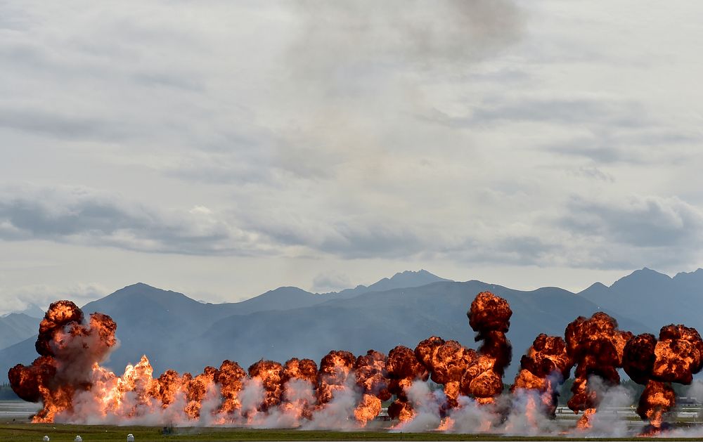 A pyrotechnics display explodes during the Arctic Thunder Open House at Joint Base Elmendorf-Richardson, Alaska, Sunday…