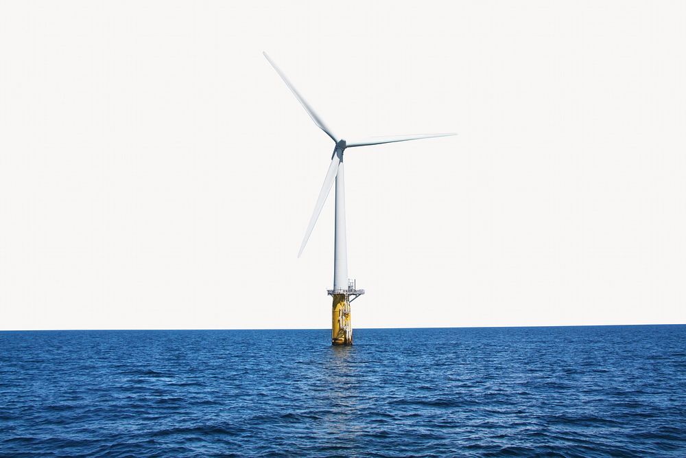 Wind turbine floating on ocean, renewable energy