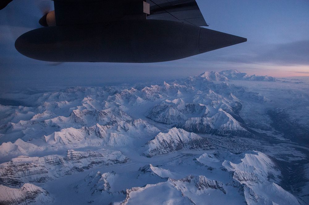 Denali, the highest mountain peak in North America, as seen from an Alaska Air National Guard HC-130 Hercules assigned to…