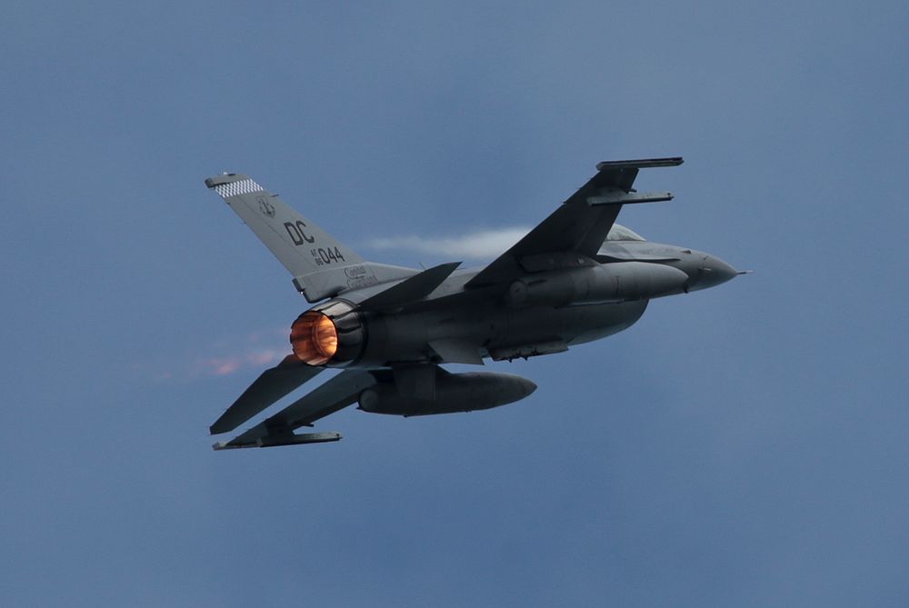 A District of Columbia Air National Guard F-16D Fighting Falcon from the 113th Fighter Wing takes off for a mission during a…