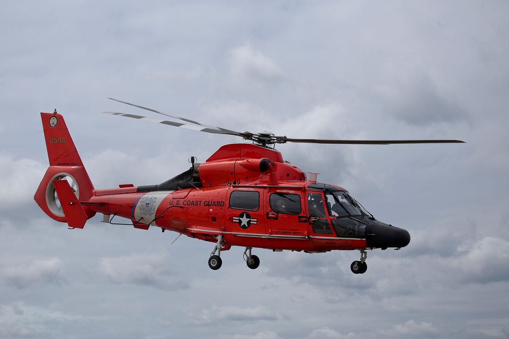 A U.S. Coast Guard HH-65C Dolphin helicopter from Coast Guard Air Station Atlantic City takes off during a three-day…