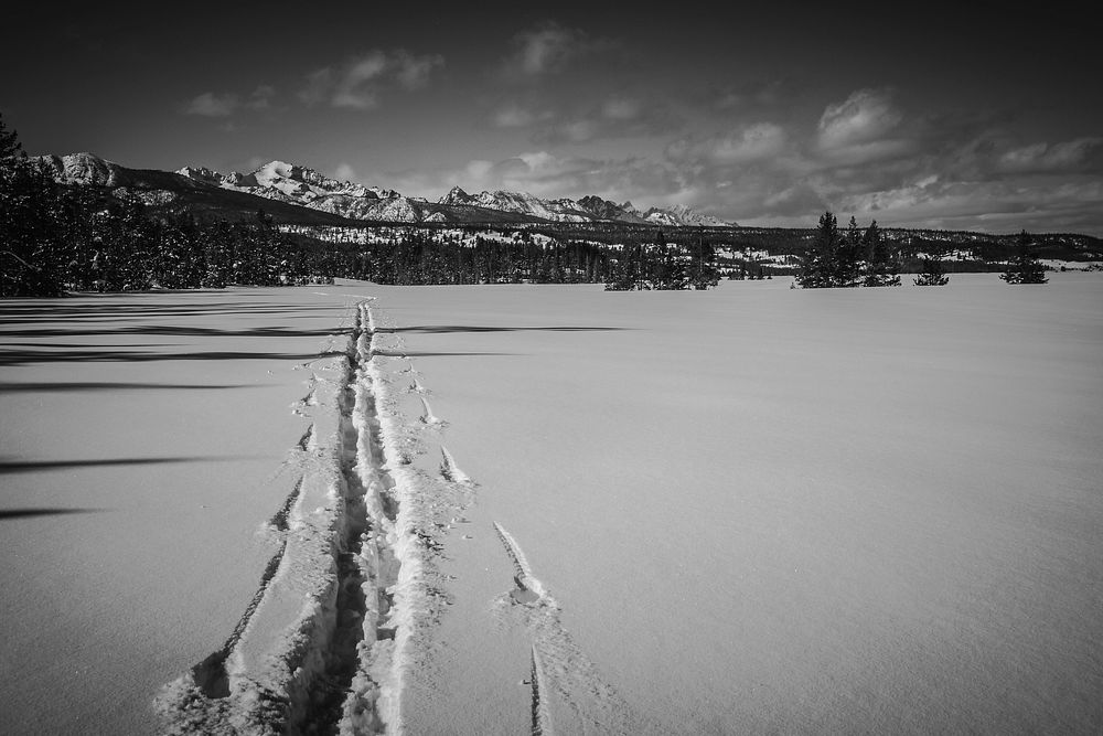 20170927-FS-SAWTOOTH_NRA-ESG-SKI_TRACKS _IN_THE_SAWTOOTH_RANGEBlack and white of ski track with the Sawtooth Range in the…