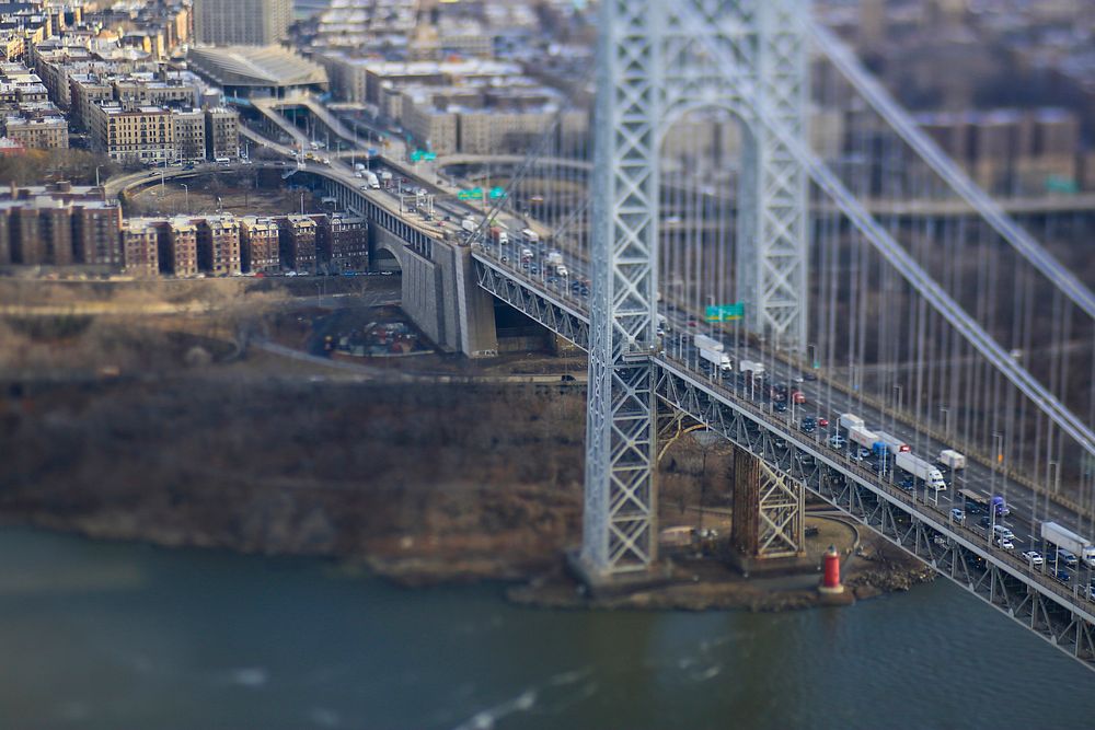 An aerial view of the George Washington Bridge and Fort Washington Park, N.Y., as seen from a New Jersey National Guard UH…