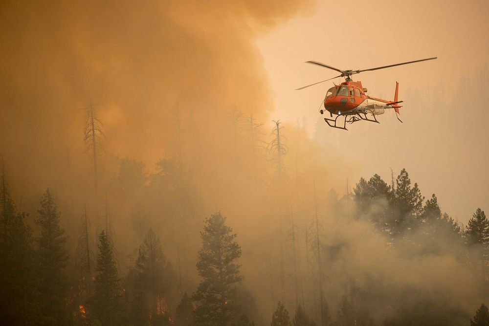 An A-Star helicopter utilized as an aerial PSD ignition platform; Ferguson Fire, Sierra NF, CA, 2018. (Forest Service Photo…