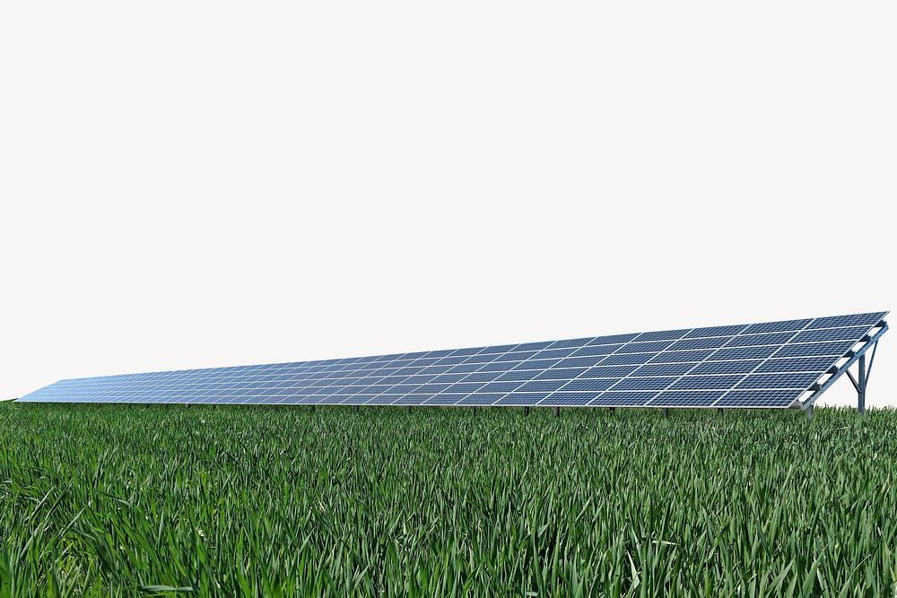 Solar panel on grass field border, renewable energy psd