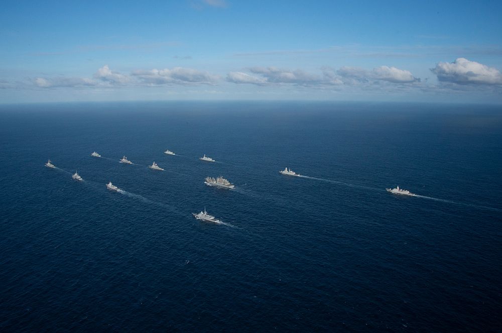 Allied ships underway in formation to support operations in the Atlantic Ocean during excerice Formidable Shield 2019.
