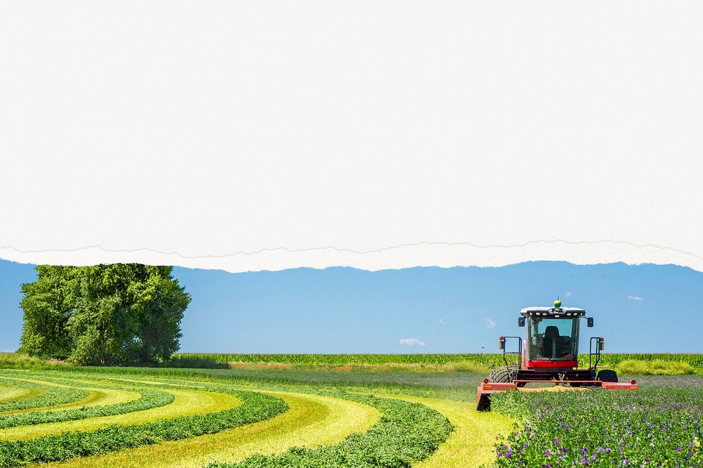 Farm landscape background, harvest tractor