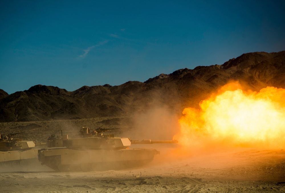 A U.S. Marine Corps M1A1 Abrams tank provides suppressive fire against simulated insurgents during day 18 of the Integrated…