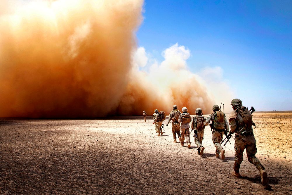 US troop in Afghanistan during a bombing. Original public domain image from Flickr