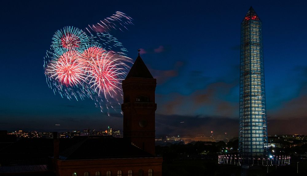 4th of July fireworks as seen from the U.S. Department of Agriculture (USDA) headquarters building, with the USDA Forest…
