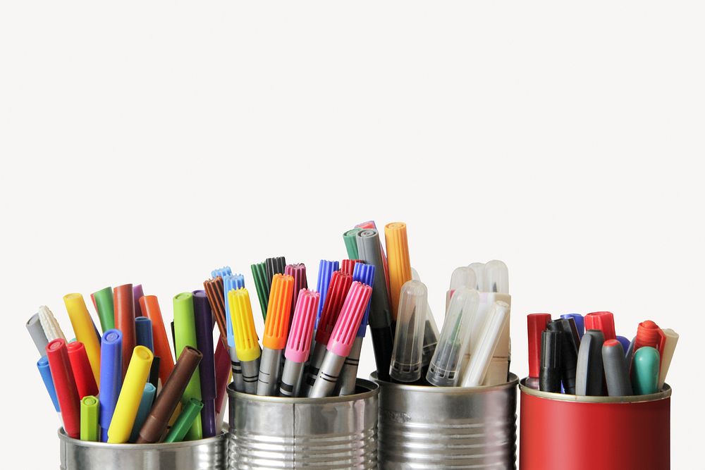 Pencil cups, stationery border, colorful photo psd